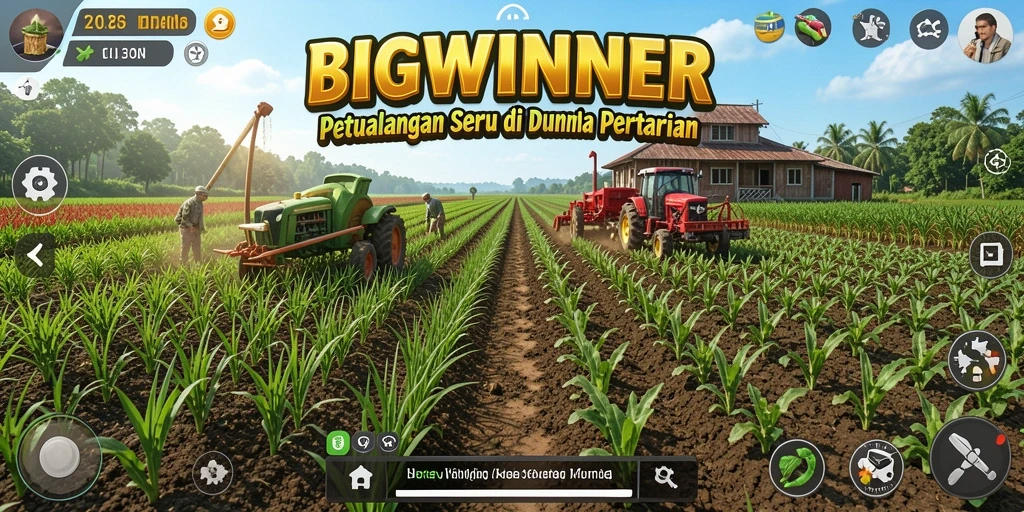 Tangkapan layar utama menunjukkan aktivitas berkebun yang seru dalam BIGWINNER.