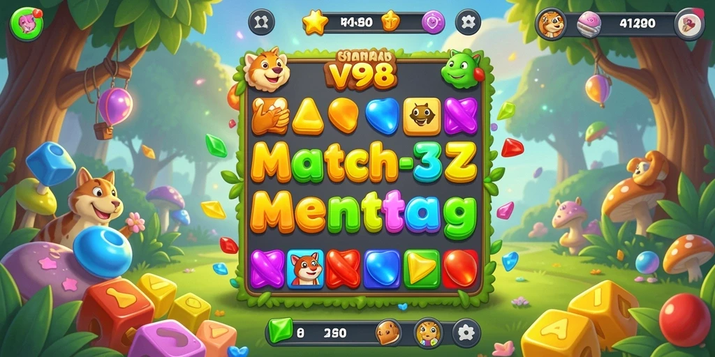 Screenshot V98 menampilkan gameplay Match-3 yang seru dan penuh warna.